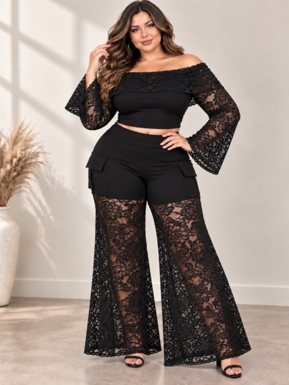 Black Faux Leather & Lace Off-Shoulder 2-Piece Set